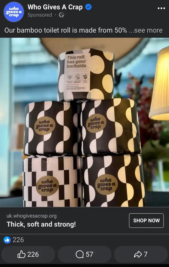 Example of a business using paid advertising to sell a product on Facebook