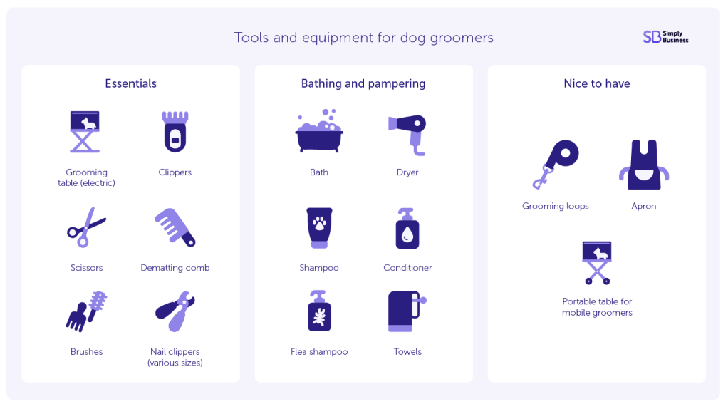 Infographic showing the tools and equipment for dog groomers